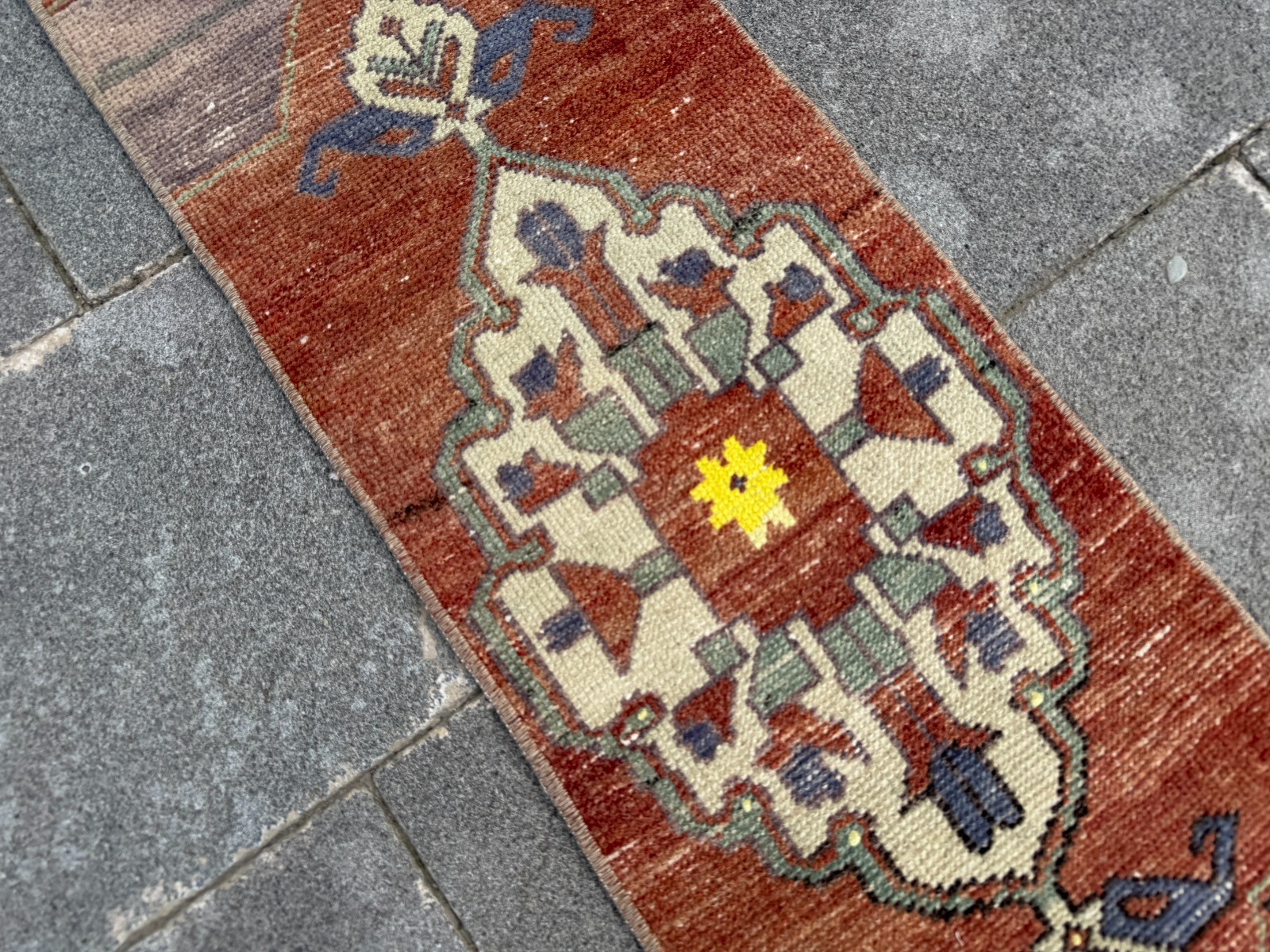 Small Vintage Turkish Rug 1.1×3.3 ft Terracotta Yellow Long Kitchen Entry Mat