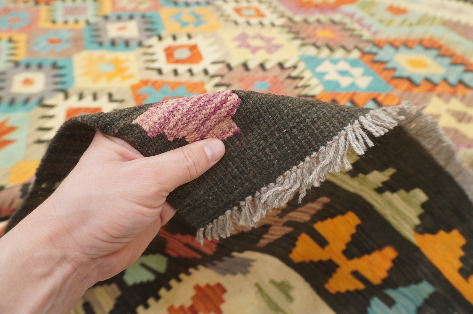 8×11 ft Black Afghan Handmade Geometric Wool Kilim Area Rug (8’3″x11’5″)