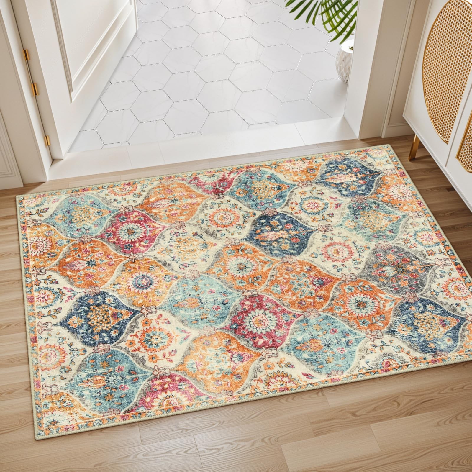 Moroccan Trellis Washable Rug 2×3 Feet Cream Multi Kitchen Entryway Mat