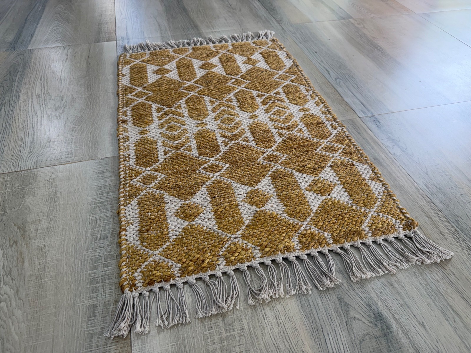 Jute Cotton Hand Woven Area Rug Golden Natural Traditional Scandinavian Kilim