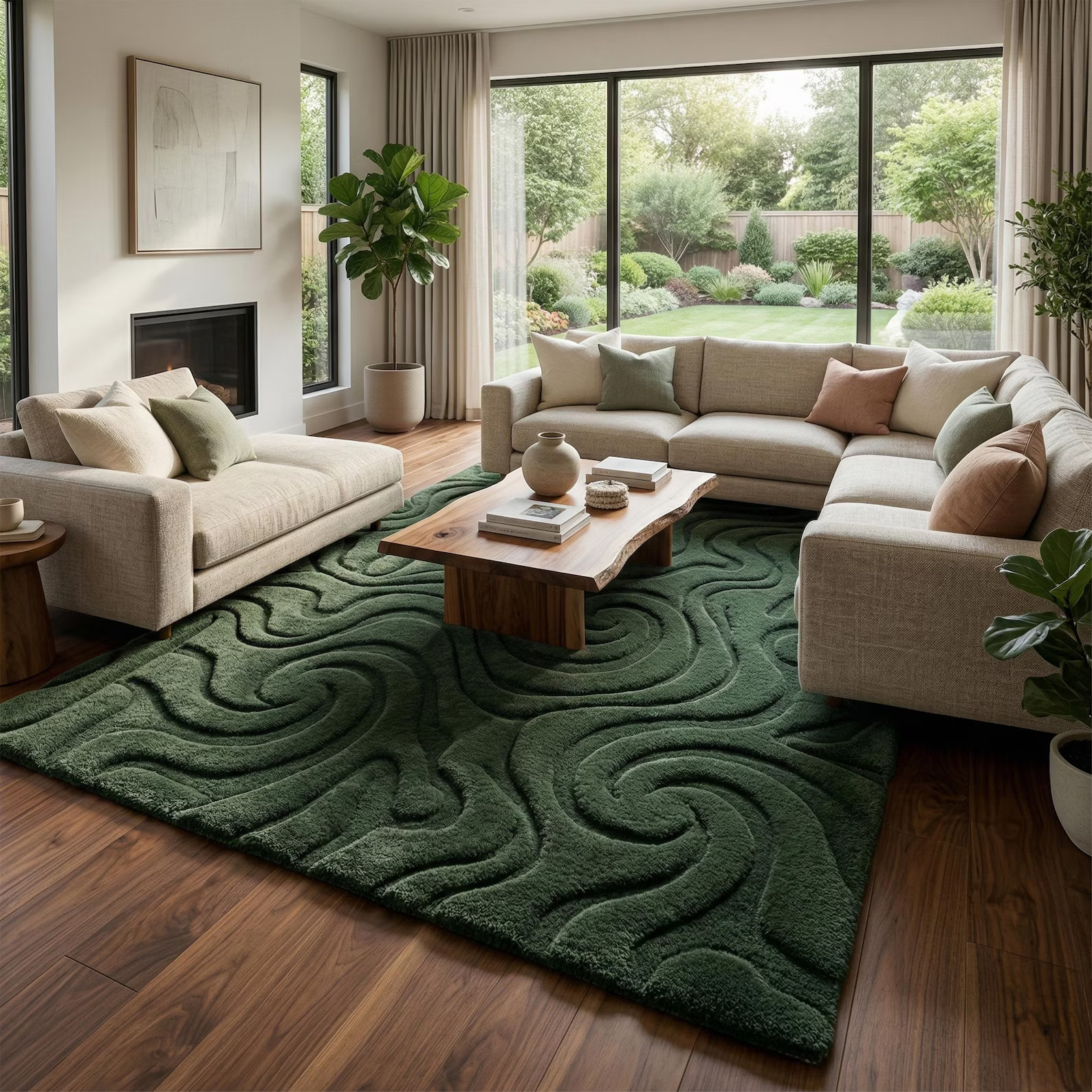 Deep Forest Green Wavy Wool Rug, Abstract 3d Hand Tufted Rugs for Living Room