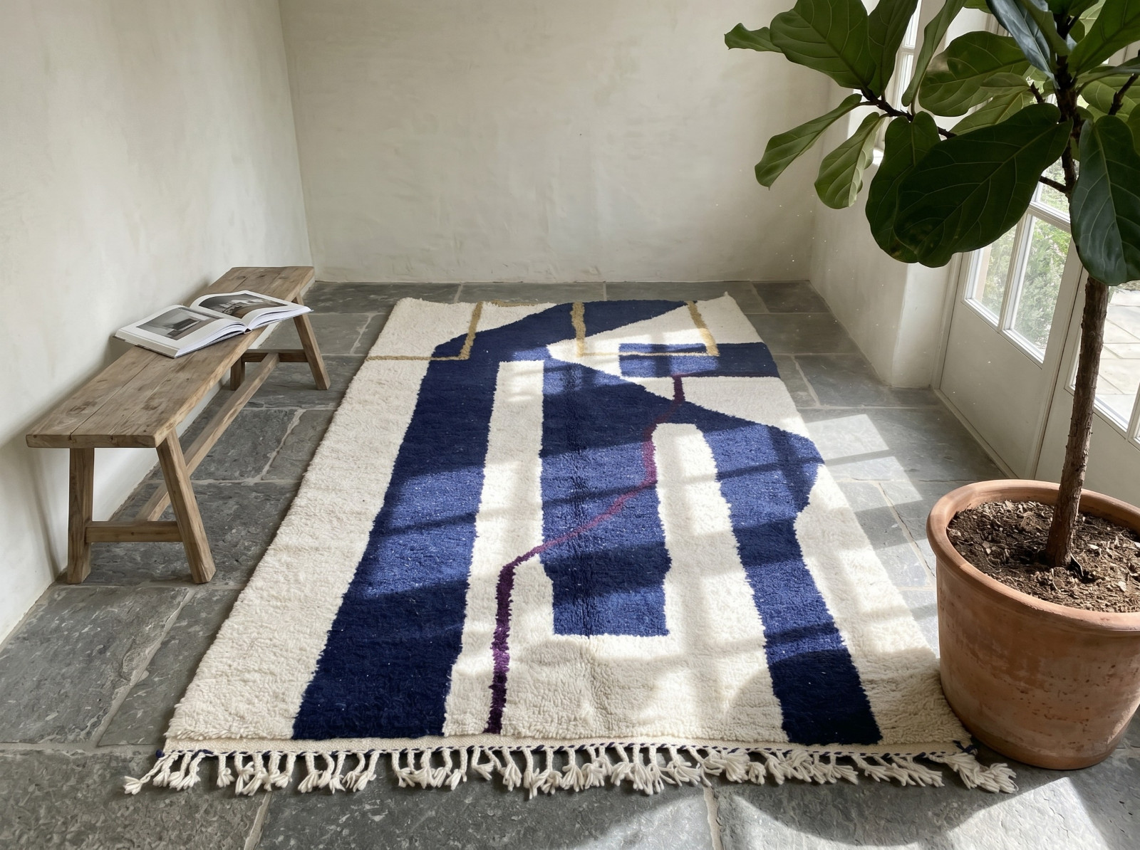 Handmade Moroccan Berber Wool Rug Navy Blue Abstract Beni Ourain Custom Size