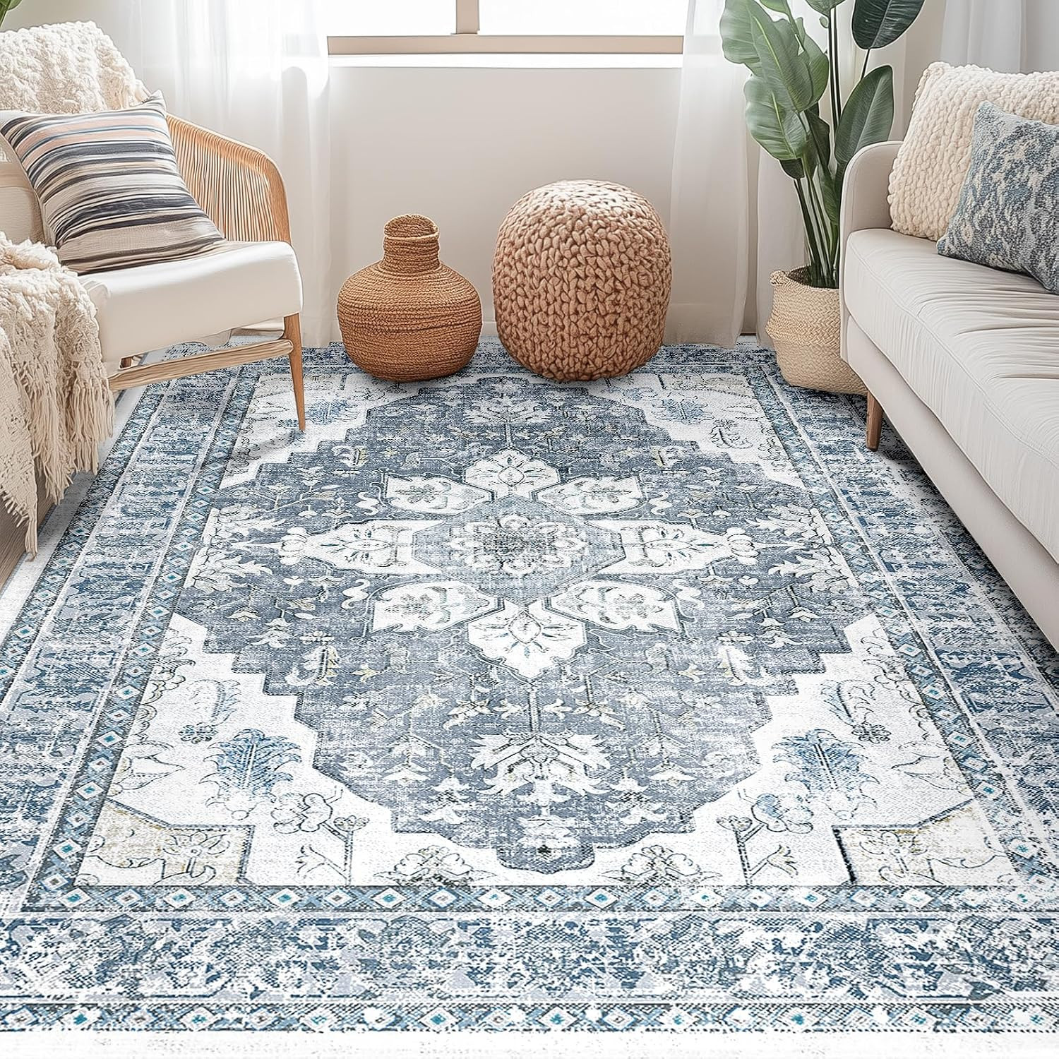 8X10 Area Rug Washable Rugs for Living Room, No Pile Boho Carpet for Entryway Be