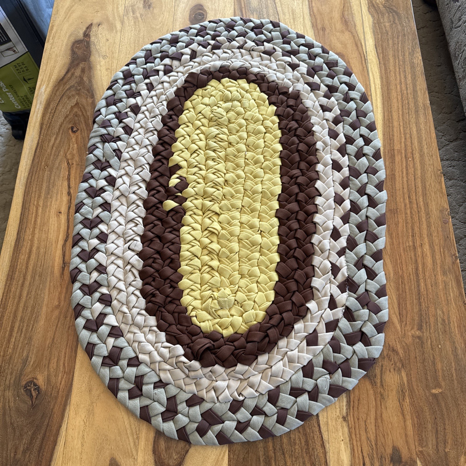 Handmade Vintage Braided Oval Area Rug 31” By 21” Yellow Tan Brown Polyester