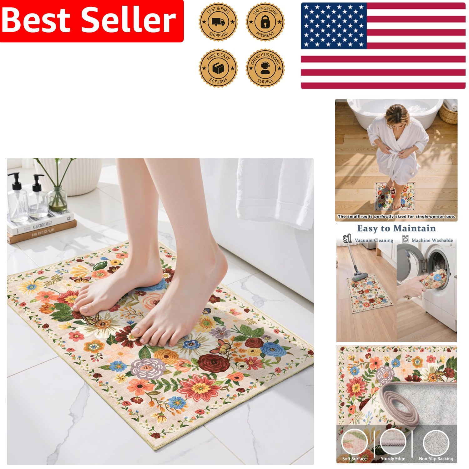 Entry Rug Small Washable Boho Floral Anti-Slip Low Pile Faux Wool Door Mat 24×17