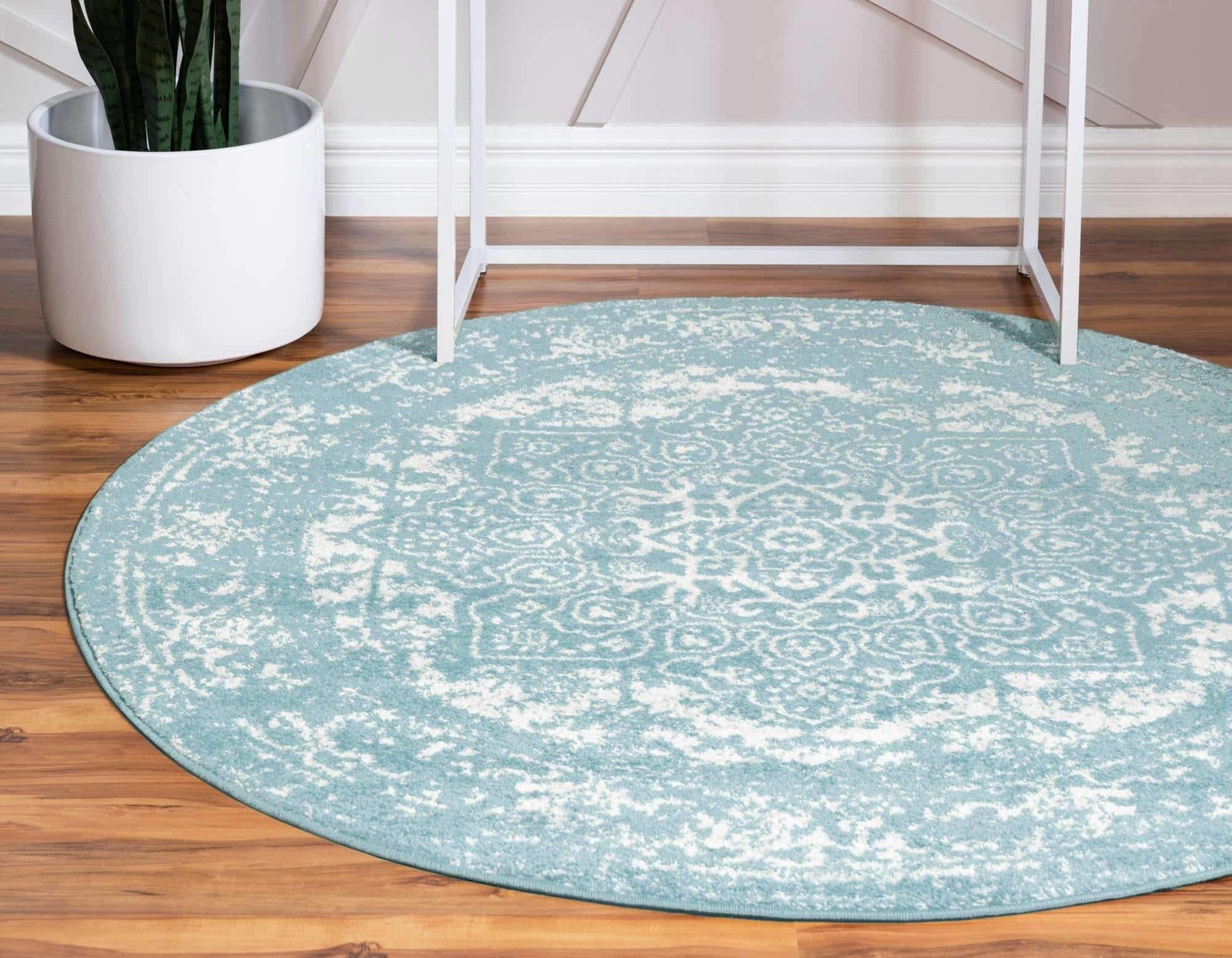 Area Rug 3′ 3″ Round Aqua Ivory – Polypropylene, Cotton Backing, Machine Woven