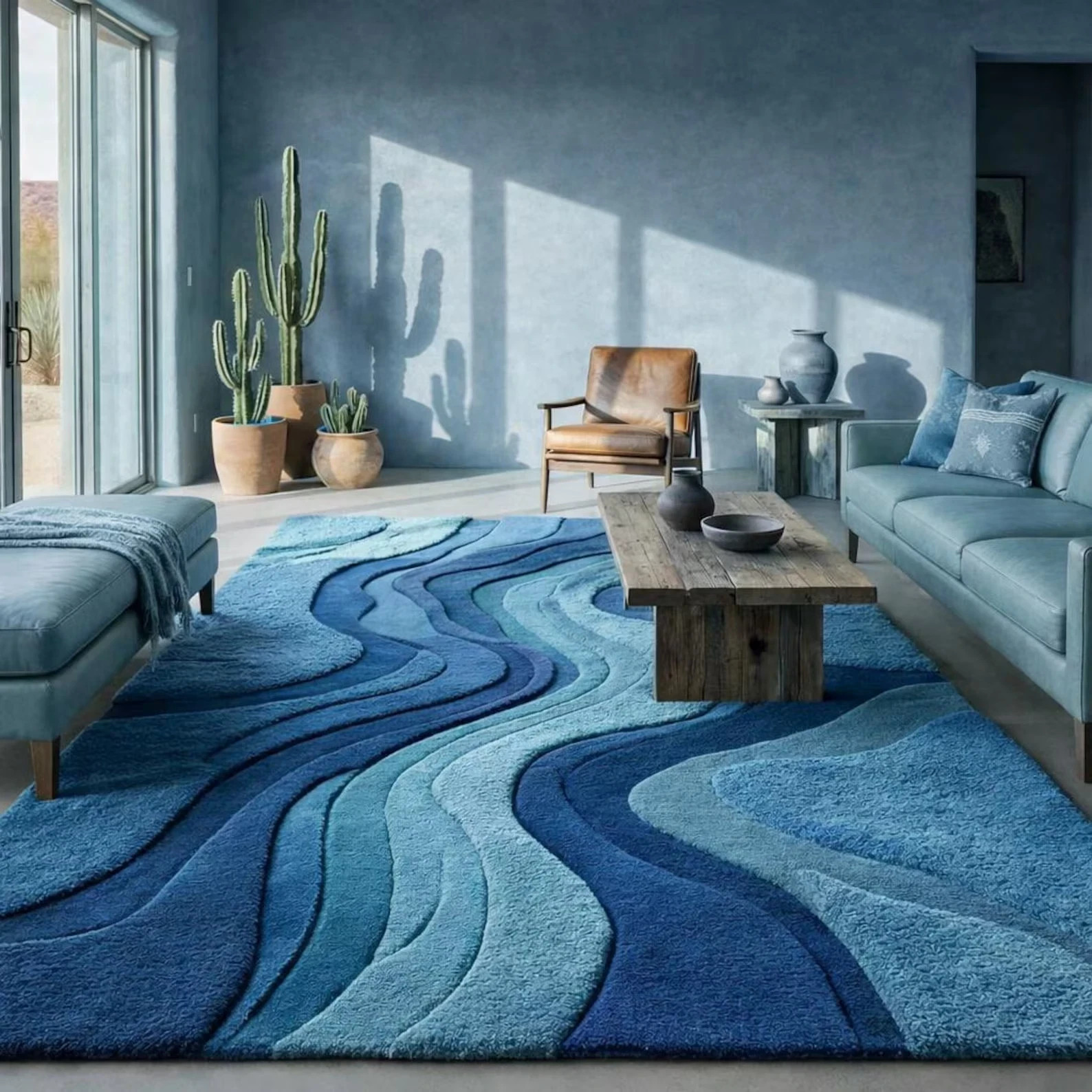 Hand Tufted New Zealand Wool Blue Wave Abstract Rug – Modern Luxury Room Carpet