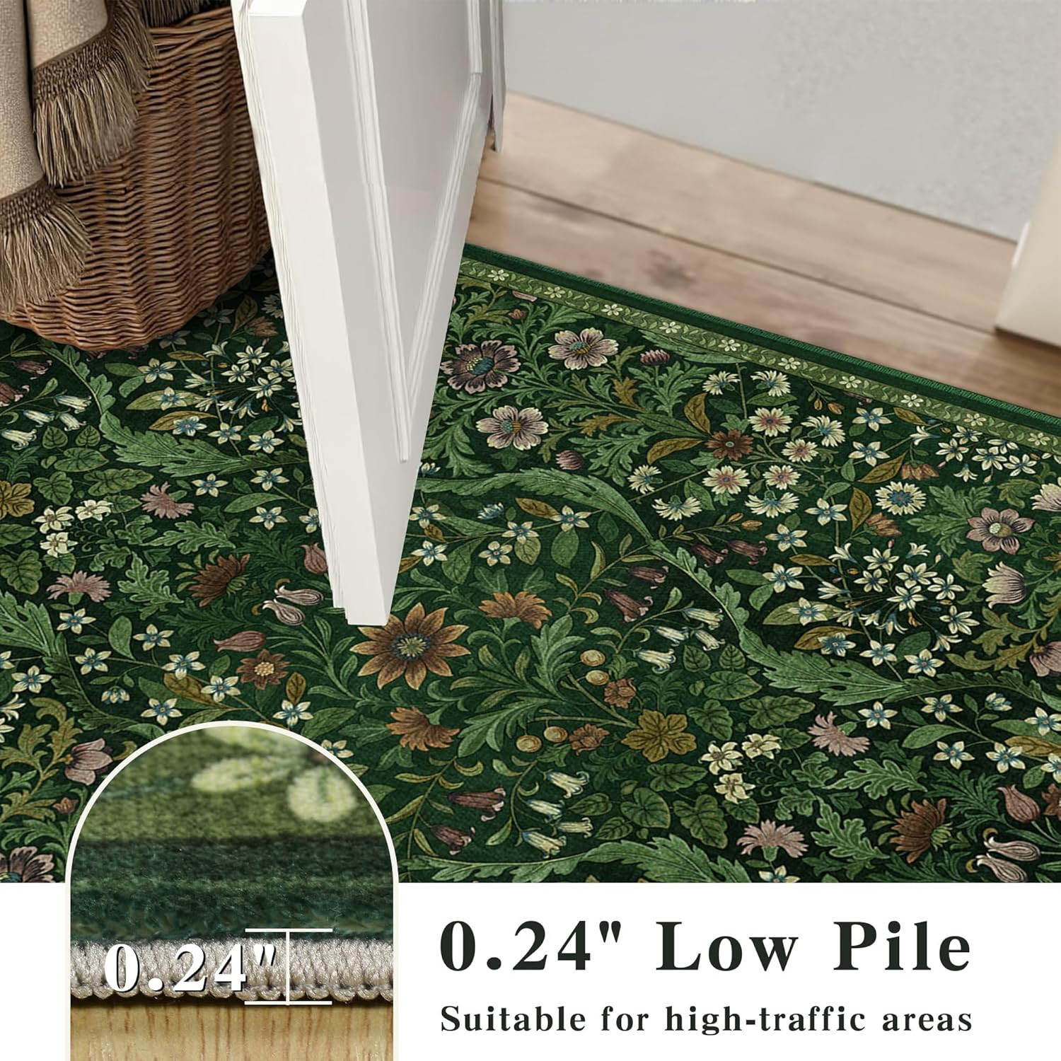 5×7 Dark Green Washable Floral Area Rug,Vintage Boho Soft Low-Pile Living Room R