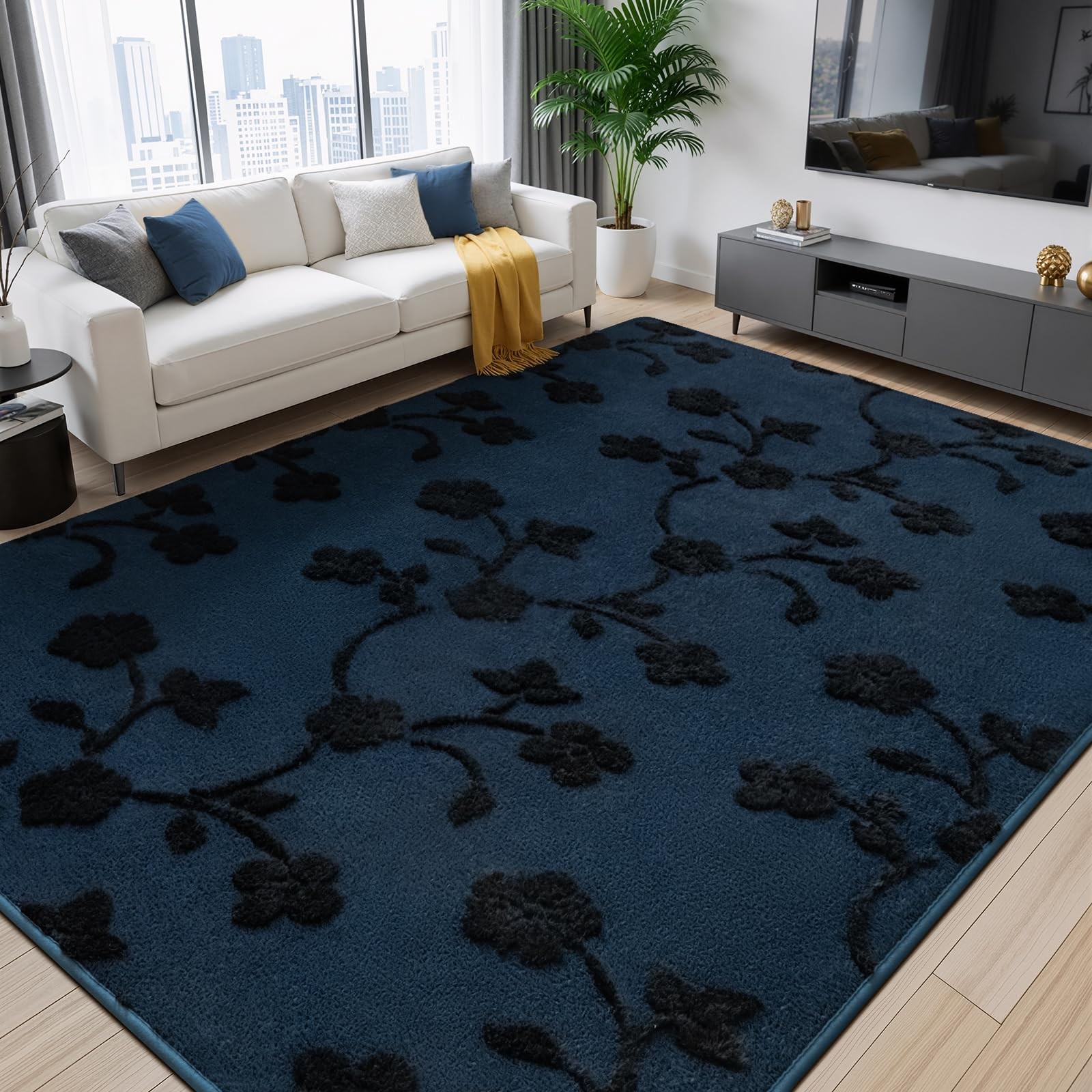 Maxsoft 4×6 Navy Blue Floral Area Rugs Modern Minimalist Thickened | Washable…