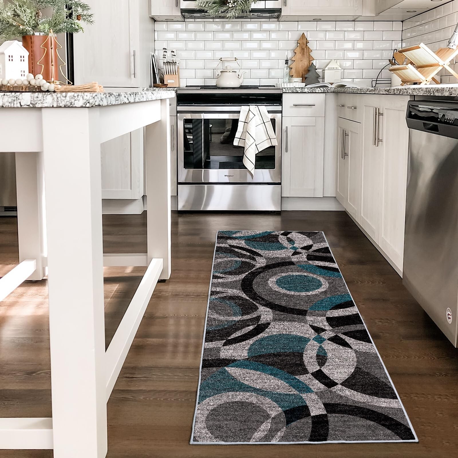 Washable Modern Blue Black Grey Runner Rug – 2×8 Feet Soft Faux Wool Rug Abst…