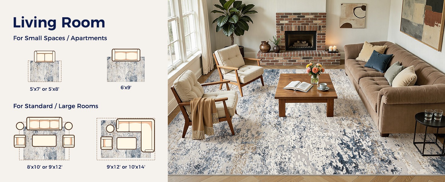 Area Rug Living Room Rugs – 7×9 Large Soft Indoor Neutral Modern Abstract Low