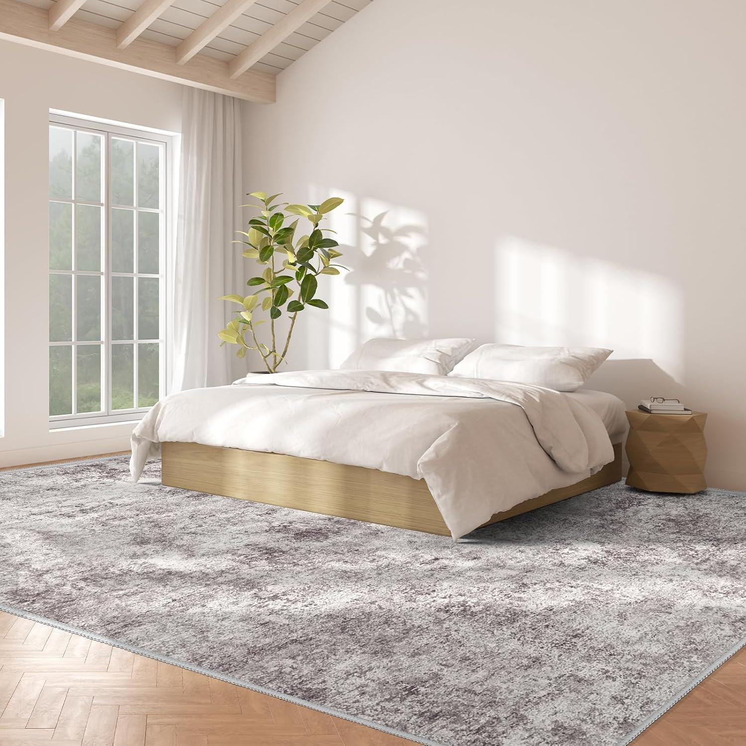 Modern 10X14 Washable Non-Slip Area Rug – Soft Distressed Gray Cream