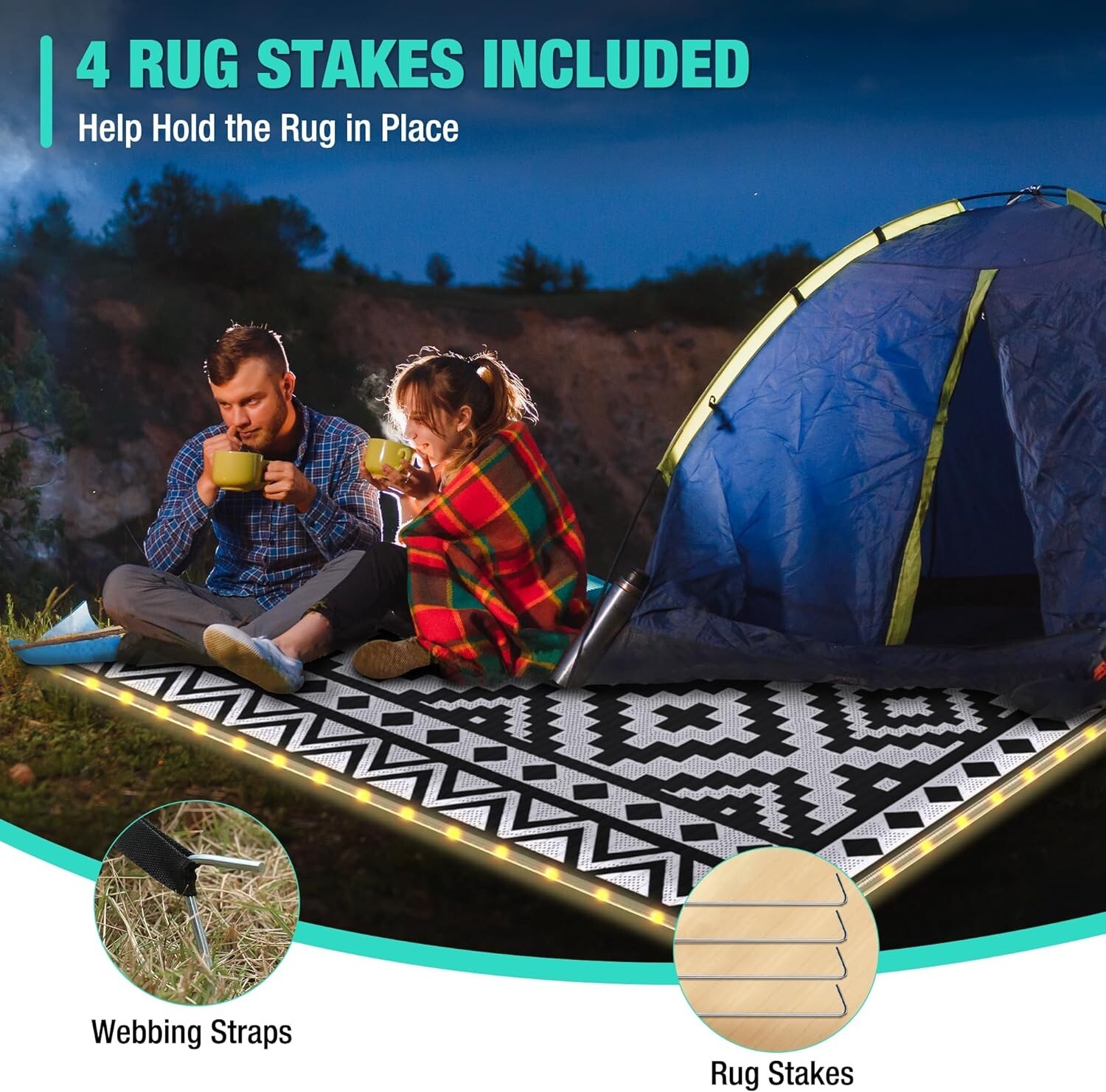 HAUSHOF 8FT Outdoor Rug Waterproof LED Strip Light Reversible Plastic Straw Rugs