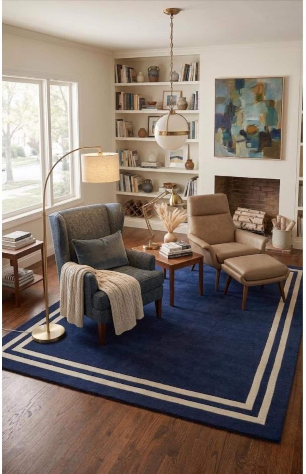 Classic Midnight Navy Border Hand-Tufted Rug Luxury Ivory White Framed Area Rug