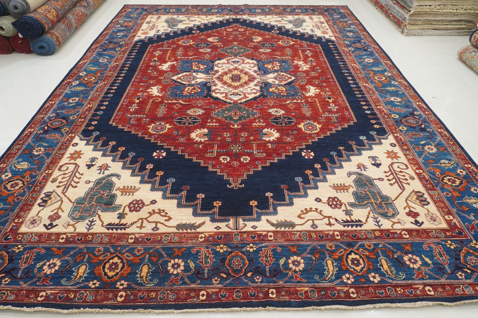 10×14 ft Red Navy Blue Serapi Afghan Hand Knotted Oriental Rug