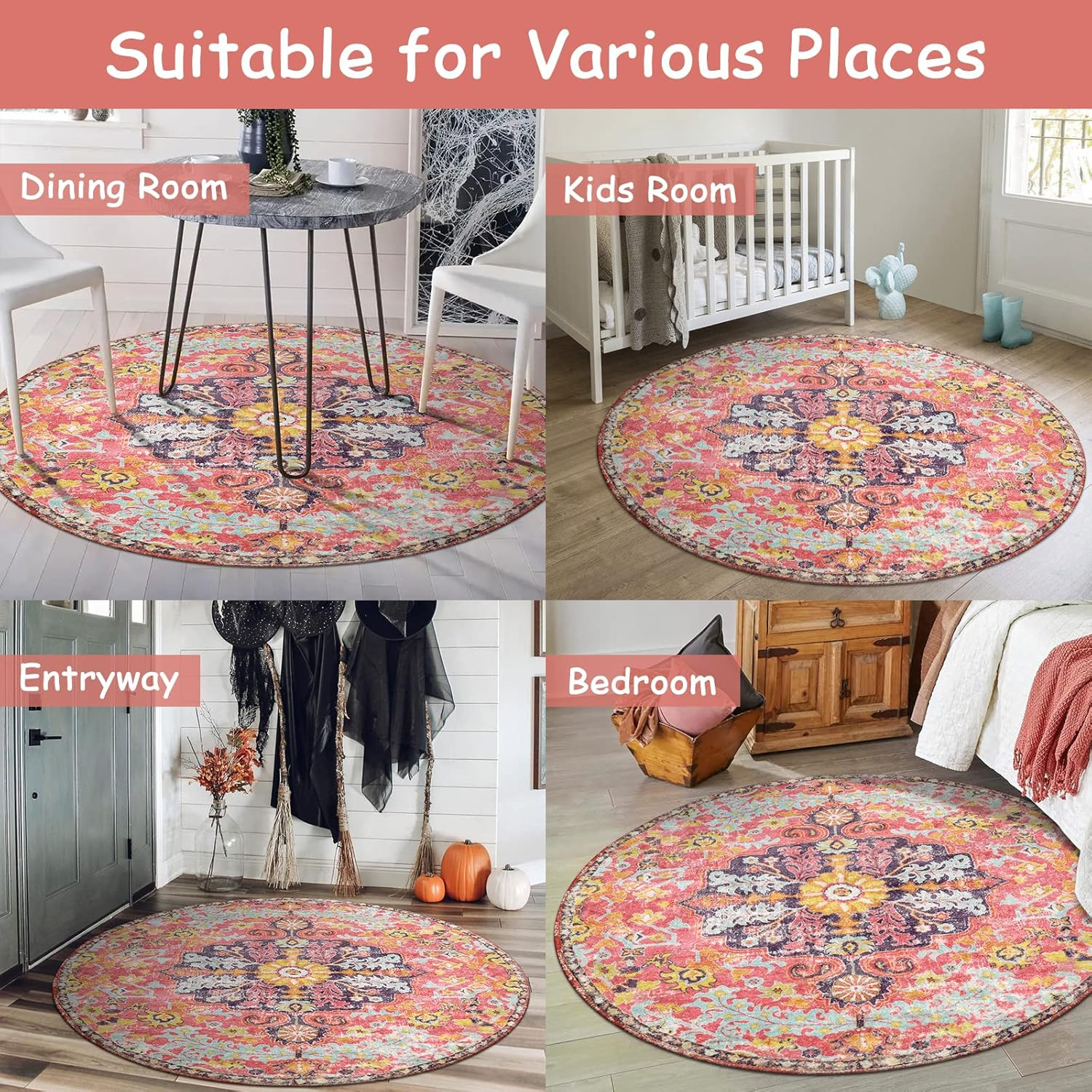 Bohemian Floral Medallion Round Rug 4Ft Hot Pink Soft Area Rug Bedroom Kitchen
