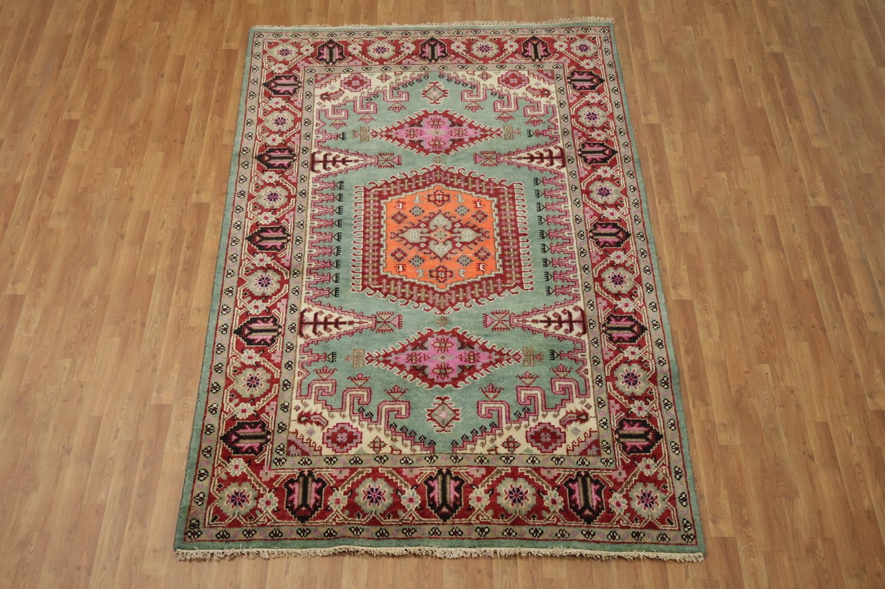 Elegant Turquoise and Coral 6×9 Traditional Hand-Knotted Wool Area Rug
