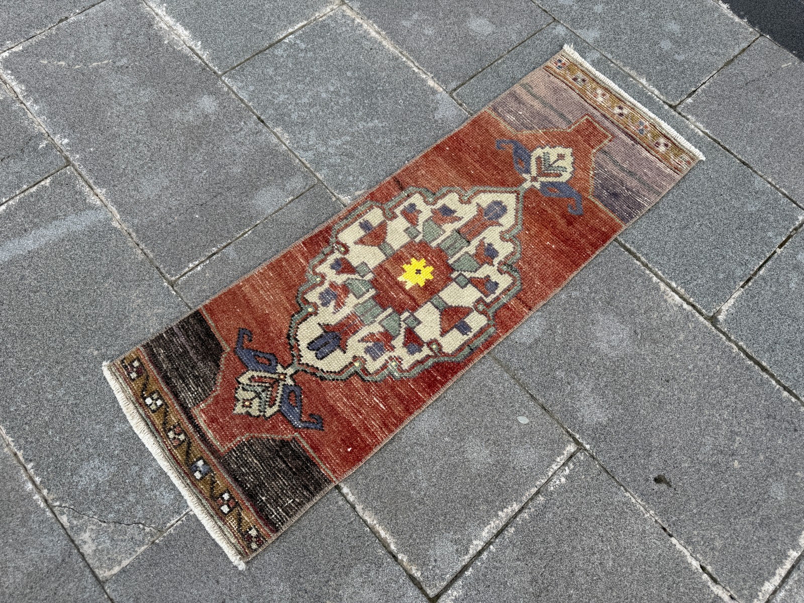 Small Vintage Turkish Rug 1.1×3.3 ft Terracotta Yellow Long Kitchen Entry Mat