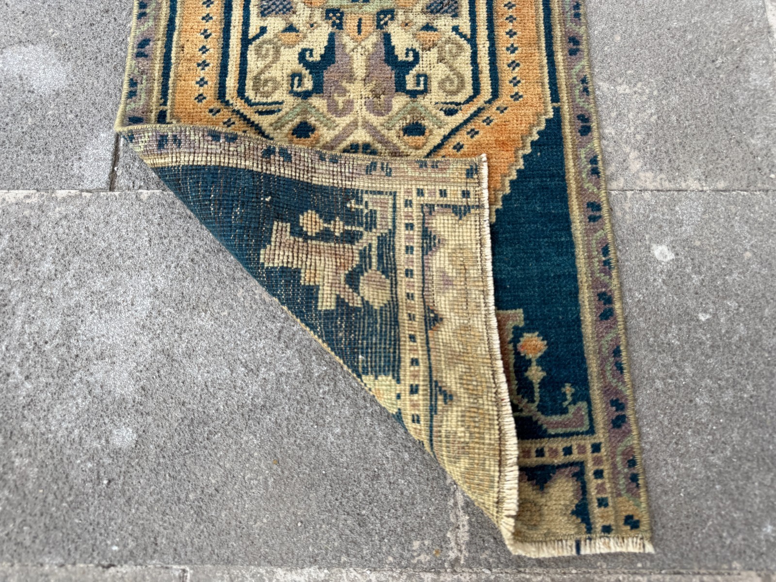 Handwoven Anatolian Accent Carpet 1.4×3.1 Ft Navy Camel Tribal Wool Decor