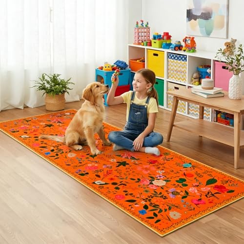 Floral Kitchen Rugs 2×6, Washable Boho Flower Area Rug, Non 2ftx6ft Orange Red