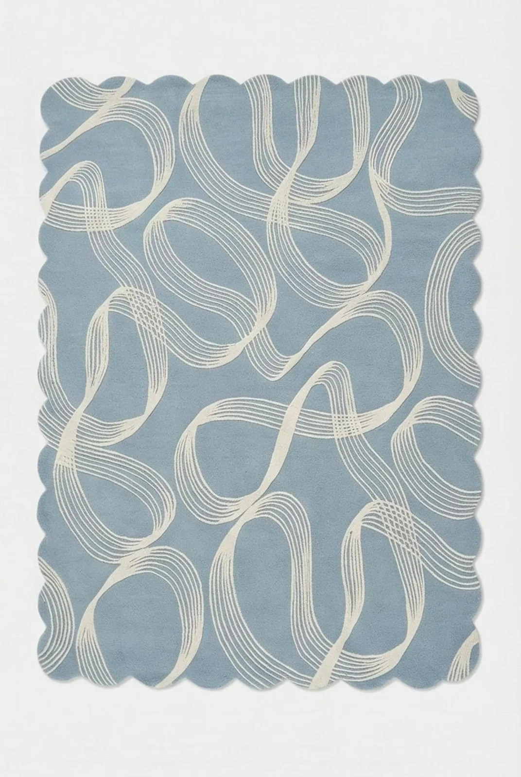 Modern Scalloped Edge Area Rug – Cloud Blue & White Wave Pattern – 3D Sculpted