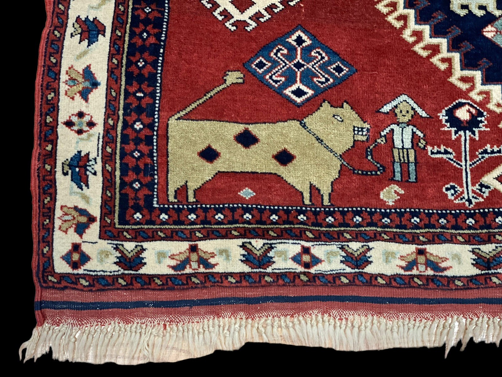 Museum Piece Vintage Animal Man Pictorial Vegetable Dye Kurdi Area Rug Wool 4×6