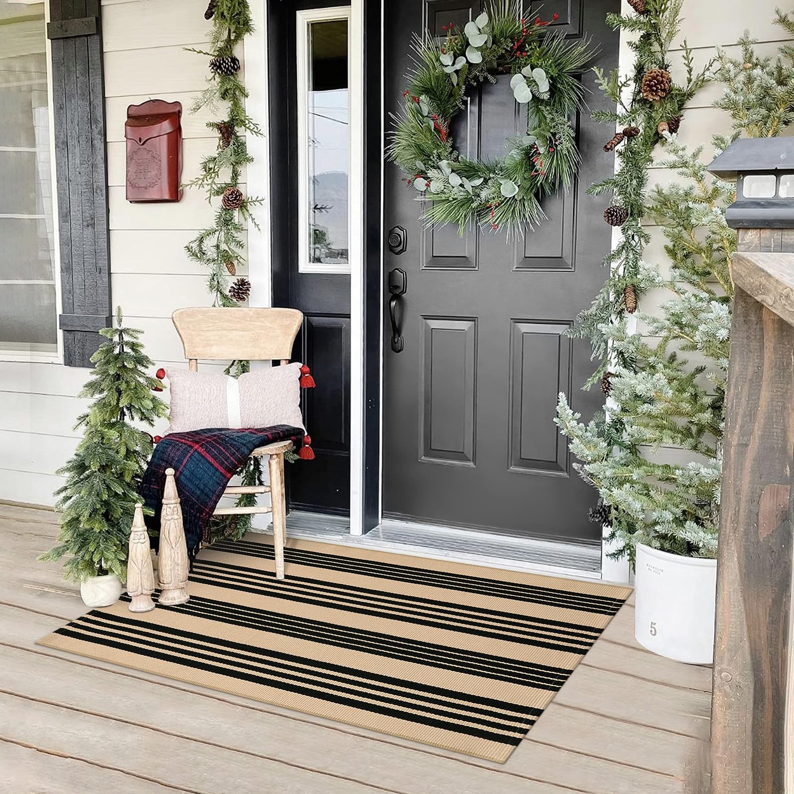 Black and Khaki Striped Rugs 2.3’x3.6′, Washable Hand Woven Front Door Rug, R…