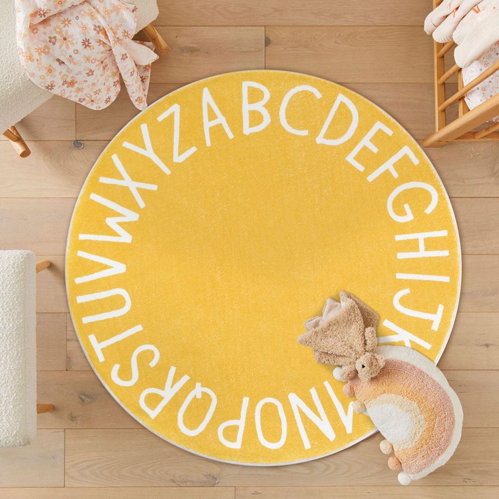 Topotdor Round ABC Area Rug,63 Inch Soft Floor Carpet,Yellow | Washable Alpha…