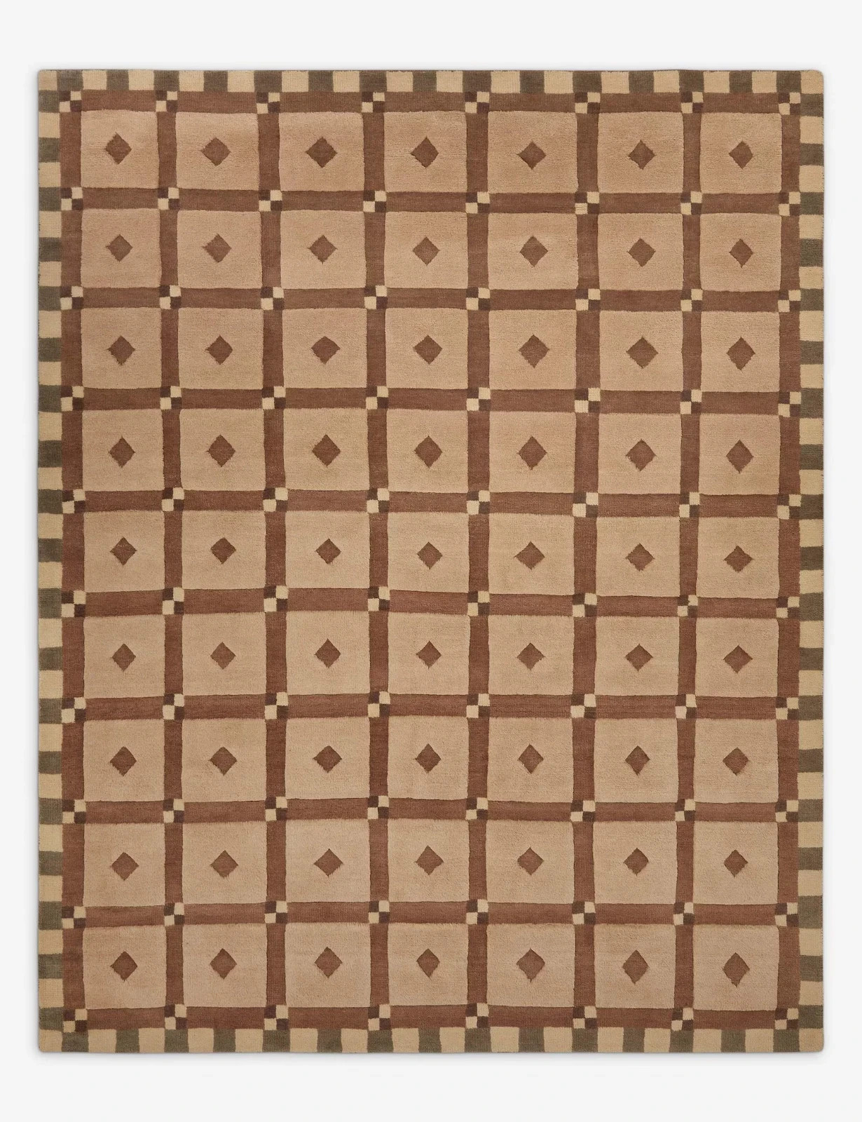 Hand Tufted Wool Area Rug Beige Brown Geometric Checkered Carpet