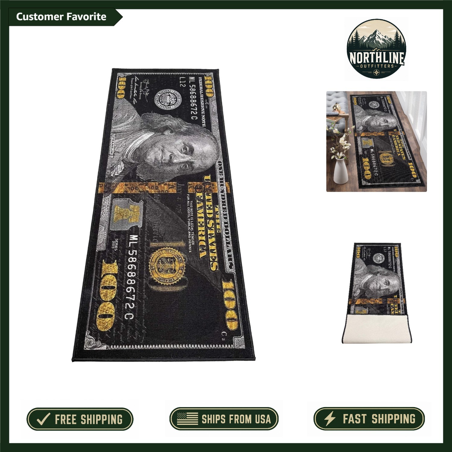 Black Money Rug with 100 Dollar Design – Versatile Non-Slip Runner 31.5″ x 78.7″