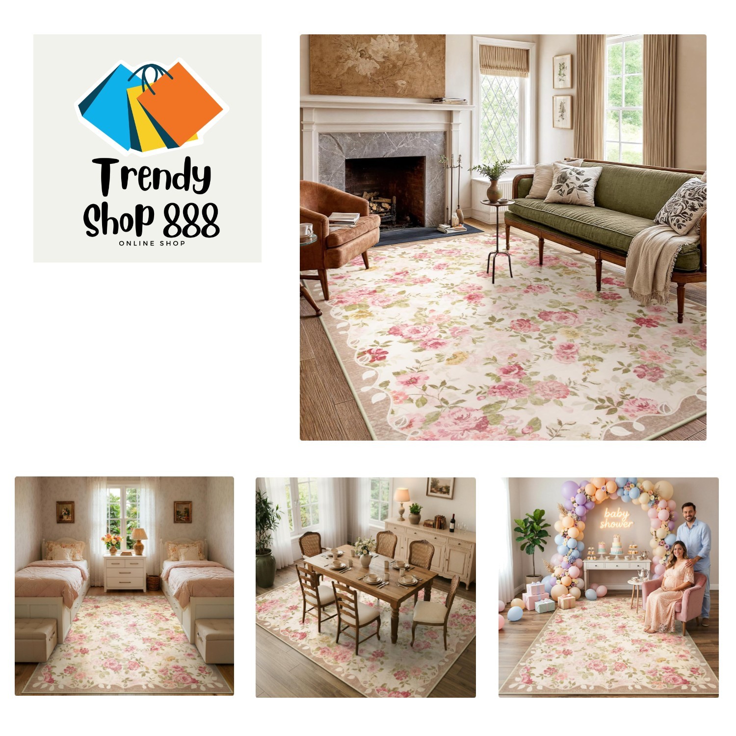 Non-Slip Beige Floral 5’X7′ Washable Rug – Perfect for Kid-Friendly Spaces