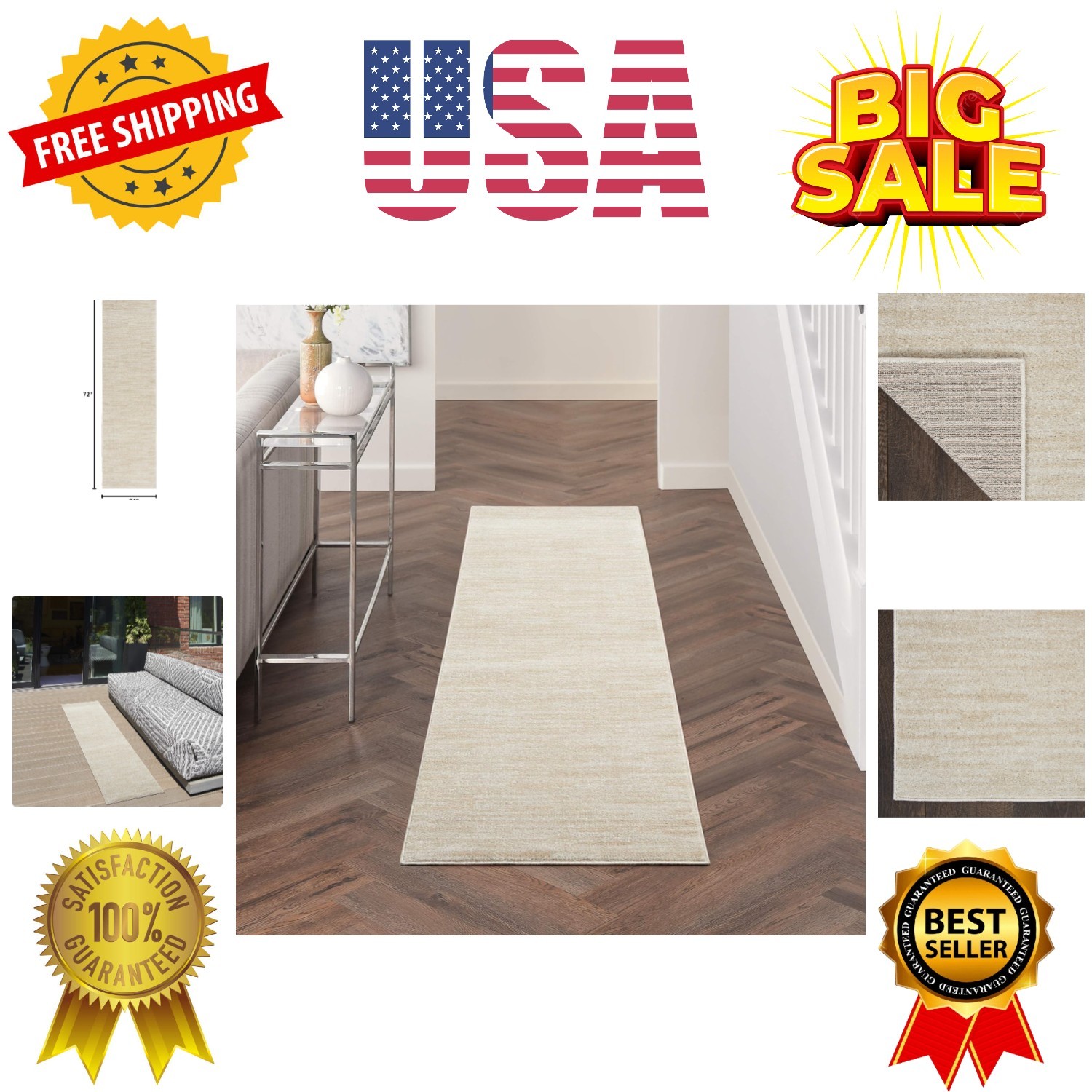 Home Essentials Ivory Beige 2′ x 6′ Area Rug – Easy Clean, Non Shedding, Bed …