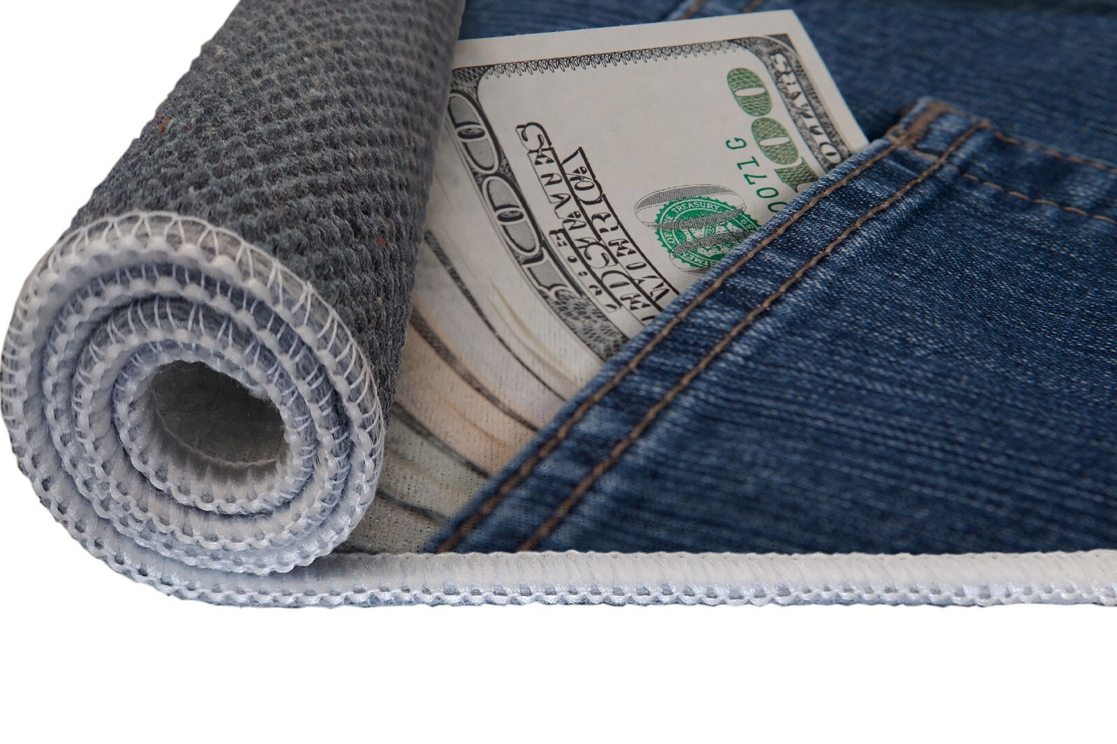 Money Pocket Rug, 3D Dollar Bill Design, Denim Jeans Carpet, Unique, 100 Usd