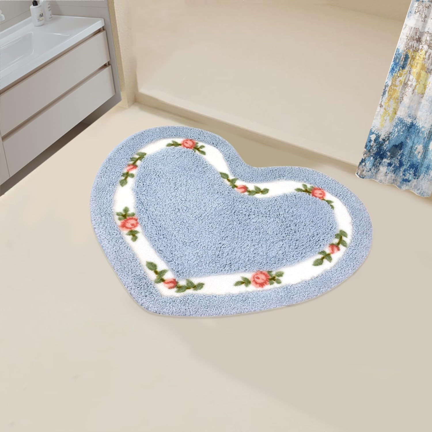 Nice Rose Flower Area Rugs Heart-Shaped for Super SoftBathroomRugs Non Slip Abso