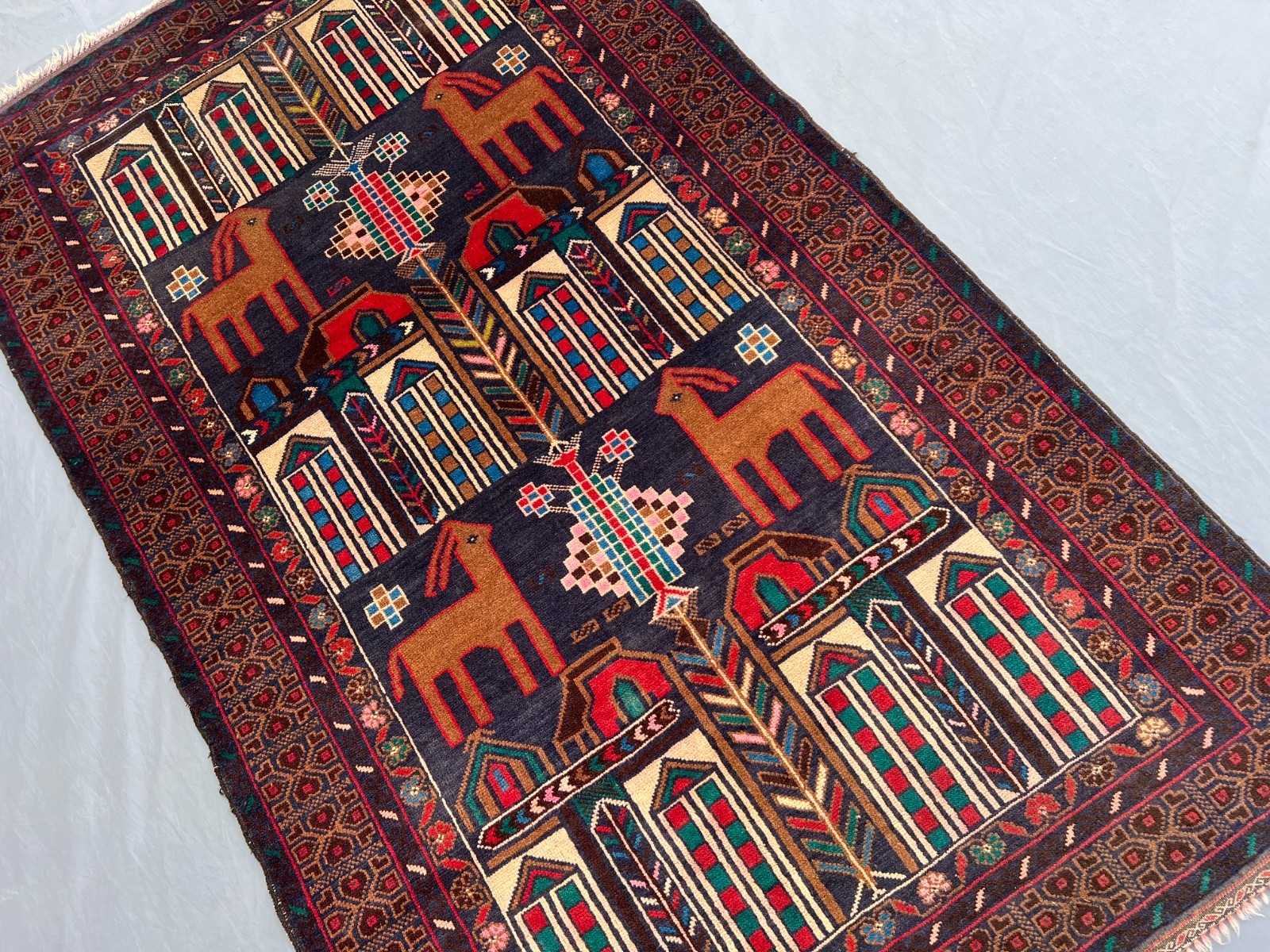 3×6 Rare Baluchi Pictorial Rug Afghan Wool Carpet Animal Village Folk Art Decor