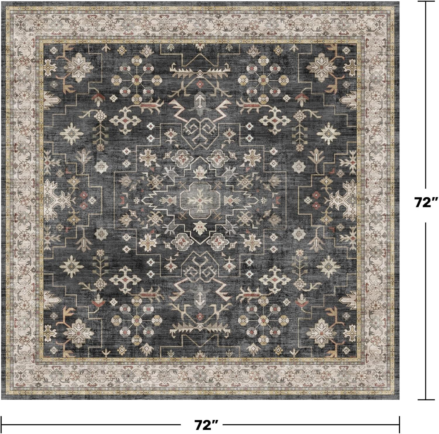 Vintage Black Floral 6X6 Washable Area Rug for Living Room & Reading Corner