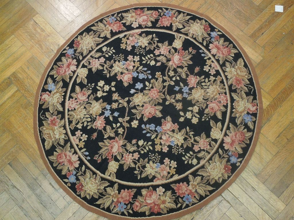 5′ x 5′ Black Needlepoint Flat Weave Round Rug #PIX-20642