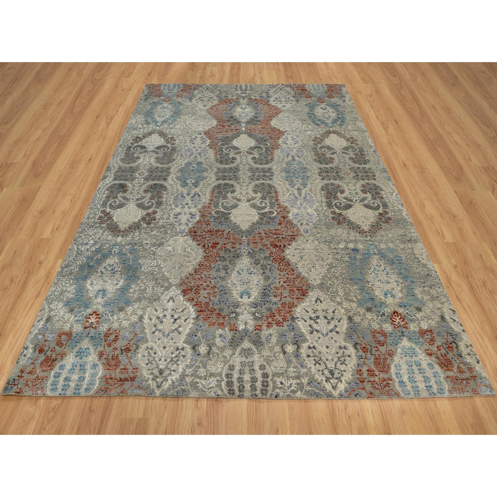 8’x10’2″ Agate Gray Wool and Silk Rug Jewelry Design Hand Knotted Oriental 91848