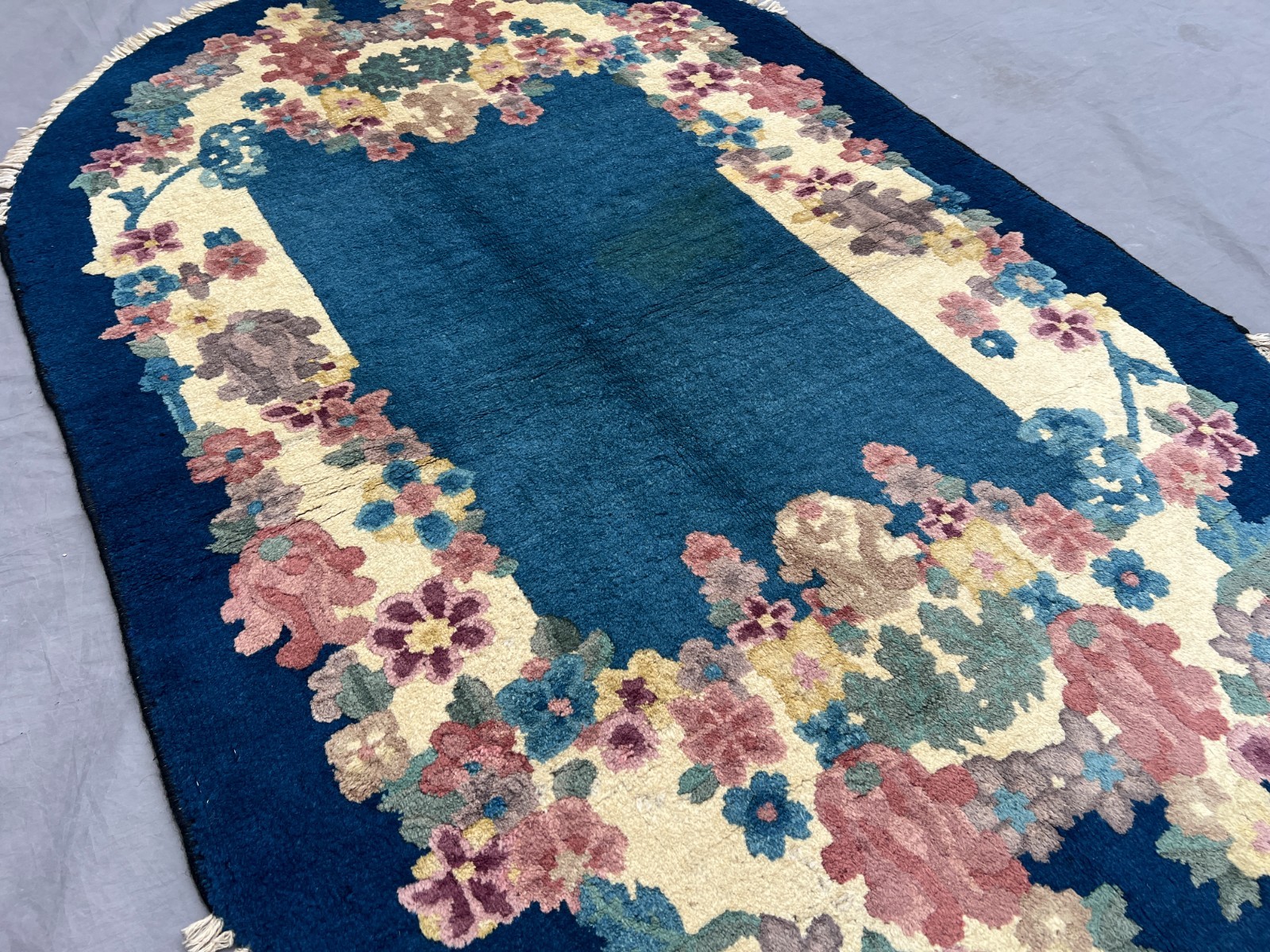 Blue Oval Floral Rug 3×4.10 Vintage Hand Knotted Wool Garland Luxury Carpet