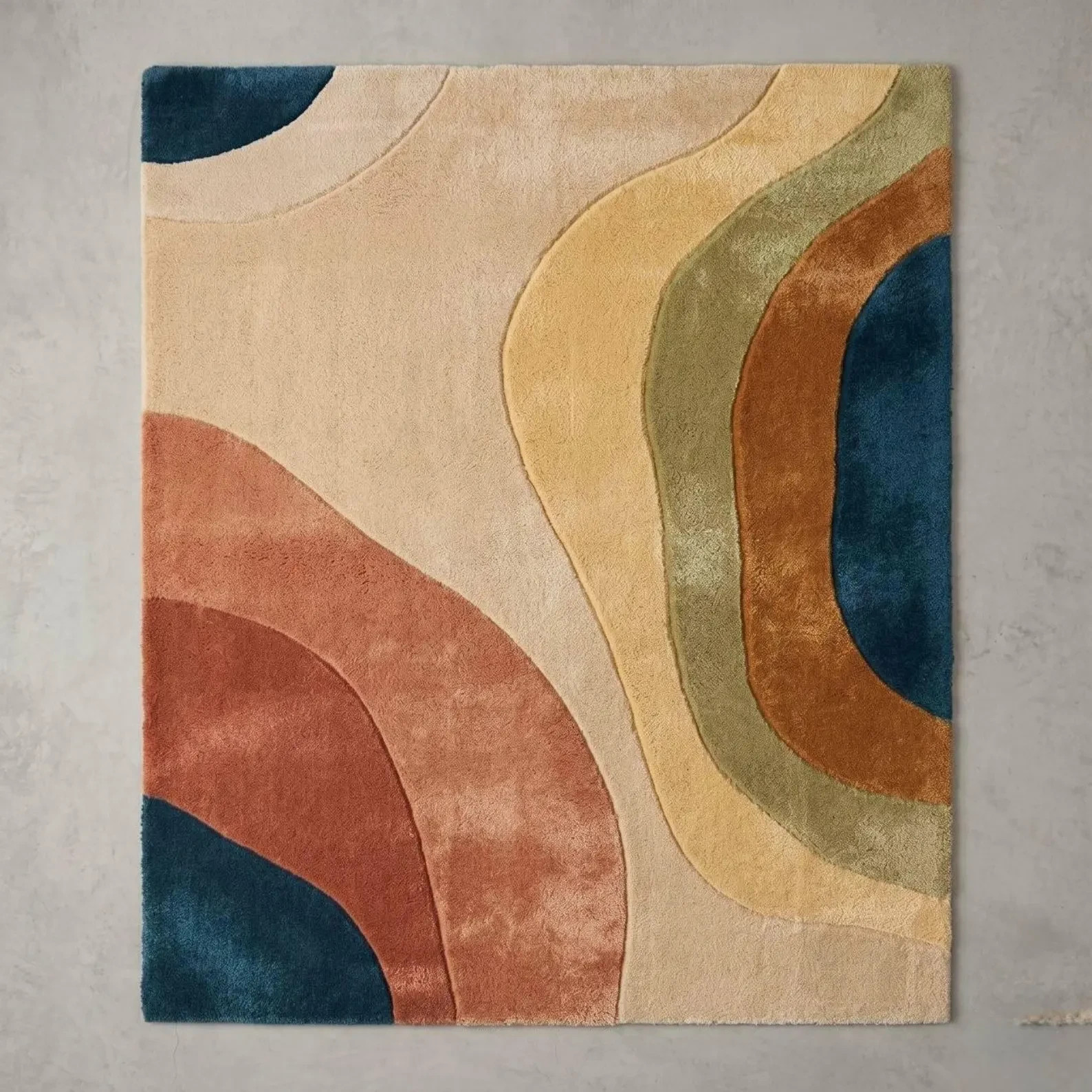 Hand-Tufted Wool Rug: Mid-Century Abstract Wave Area Handmade Design Carpet Rug