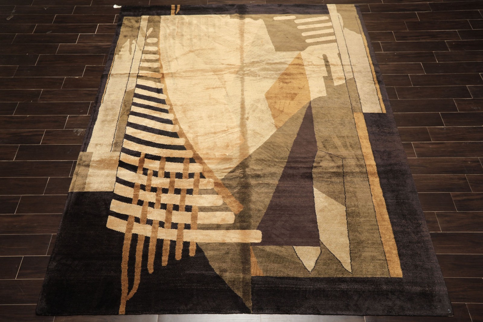 8×10 Hand Knotted Wool & Pure Silk Charcoal, Olive Tibetan Art Deco Designer Rug