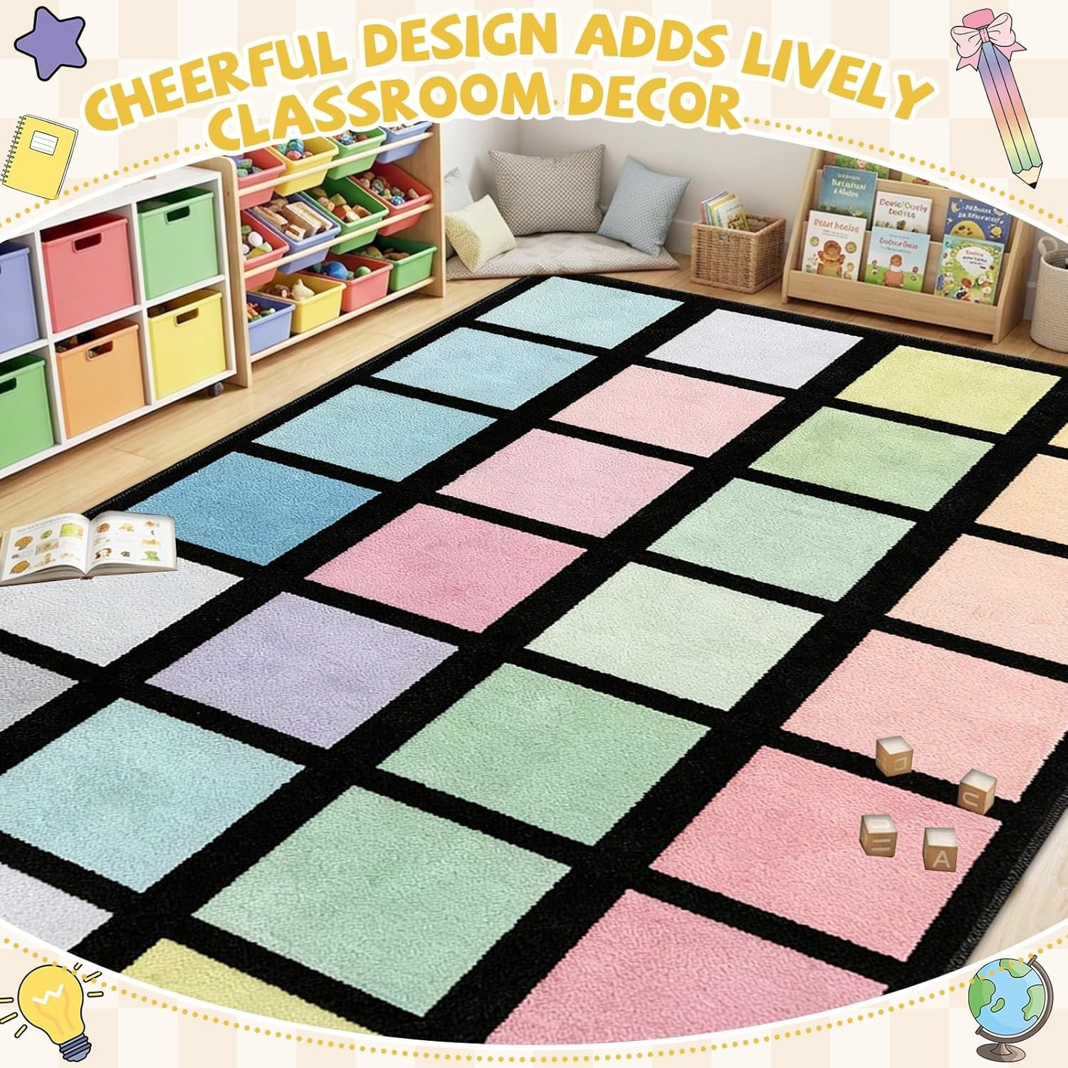 7.6×12 ft Large Pastel Color Squares Classroom Rug Colorful Educational Area Mat