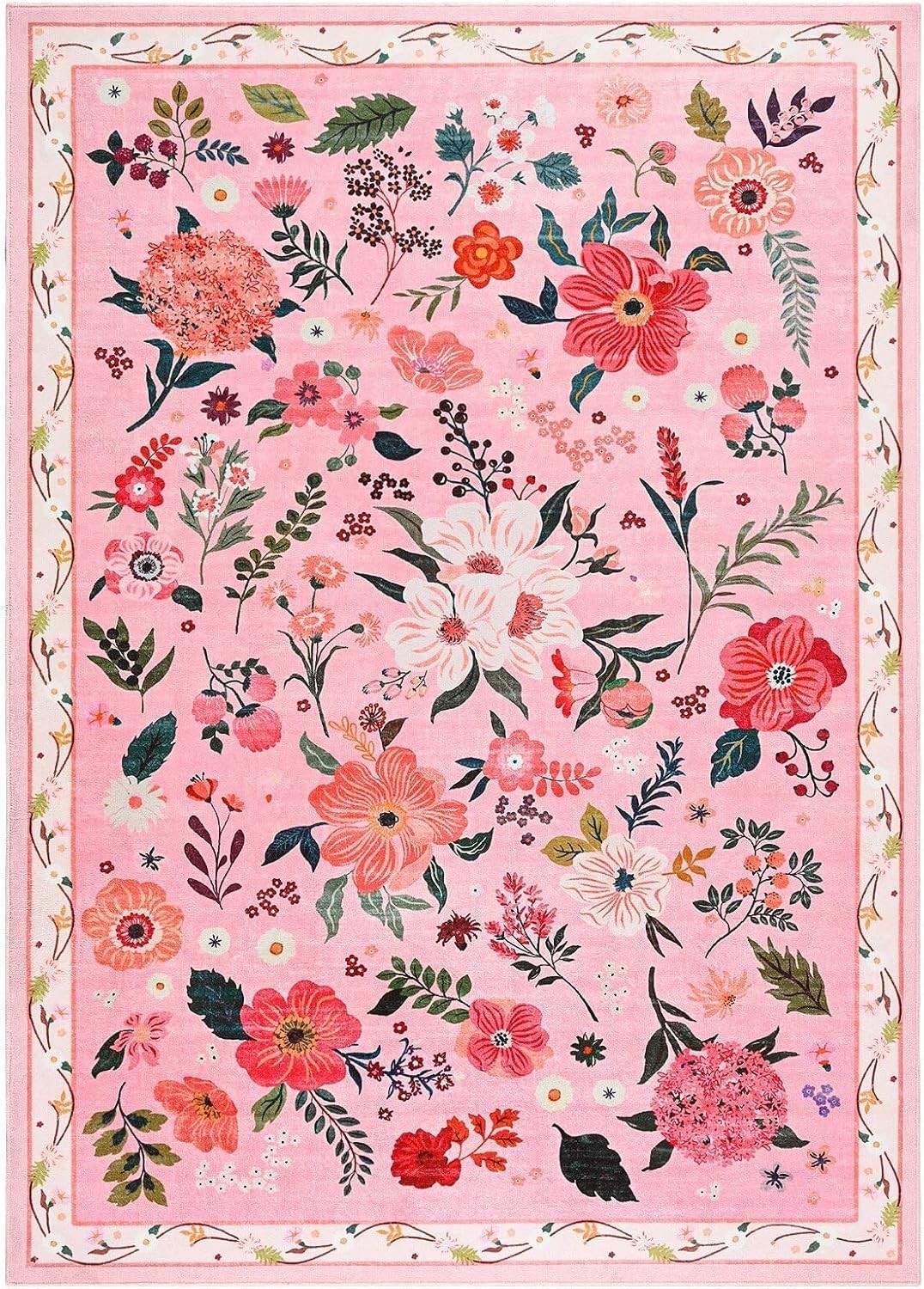 Pale Pink Rug for Girls Room, 5×7 Floral Washable Area Rug Non Slip, Boho Low…