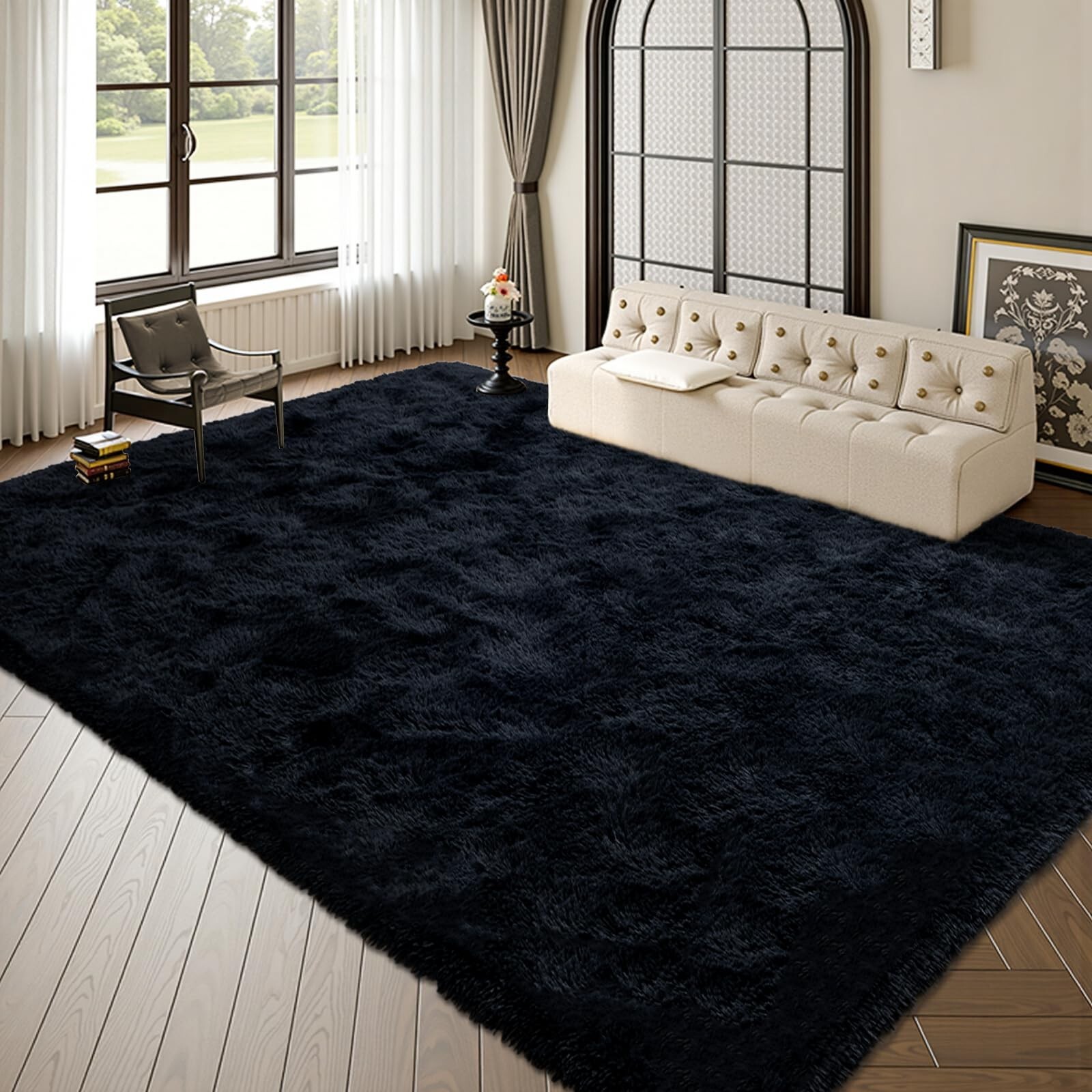 8×10 ft Black Fuzzy Rug for Living Room Soft Fluffy Bedroom Area Rugs Non-Sli…