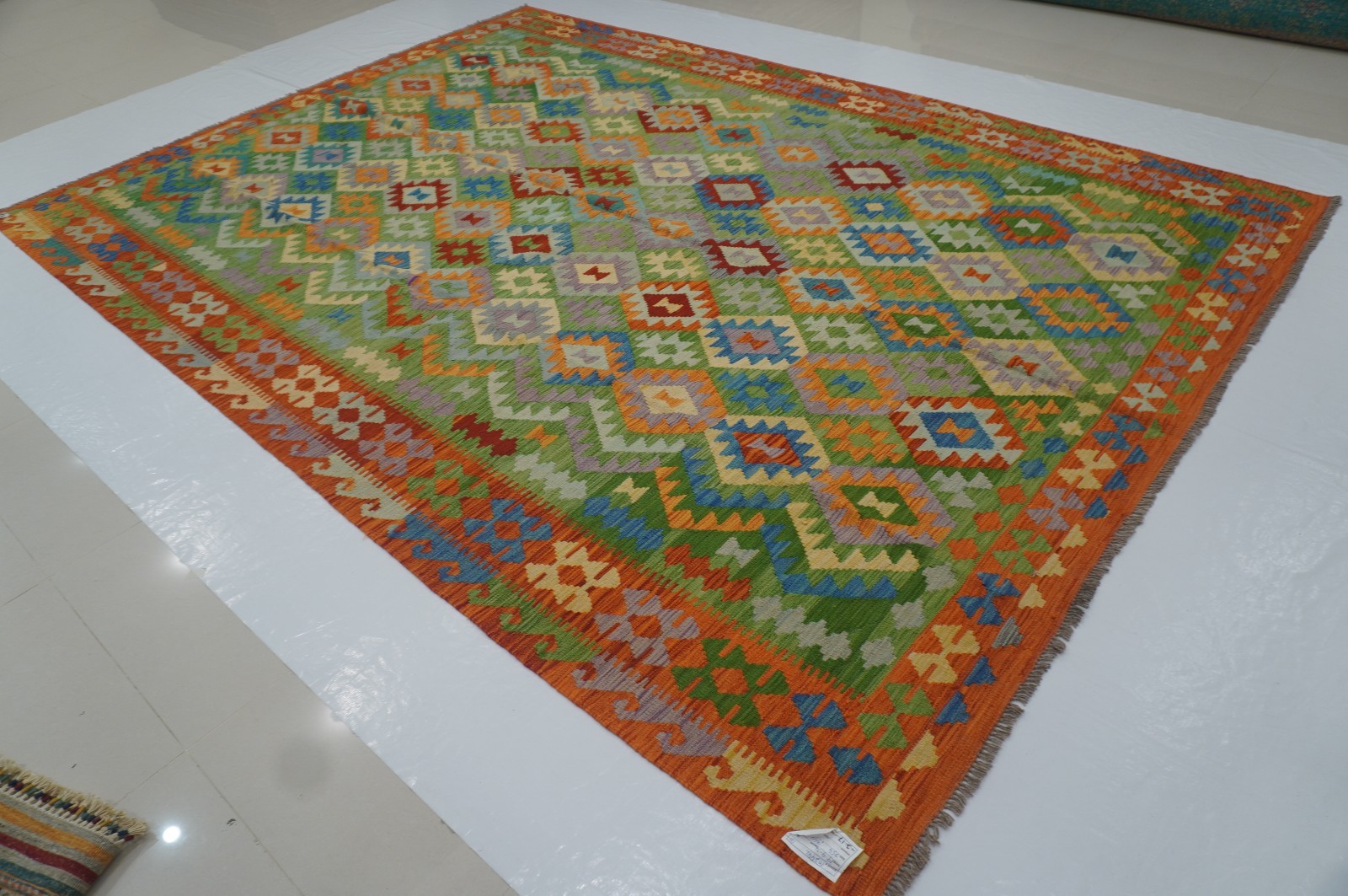 8×11 ft Green Afghan Handmade Geometric Wool Kilim Area Rug (8’4″x11’6″)