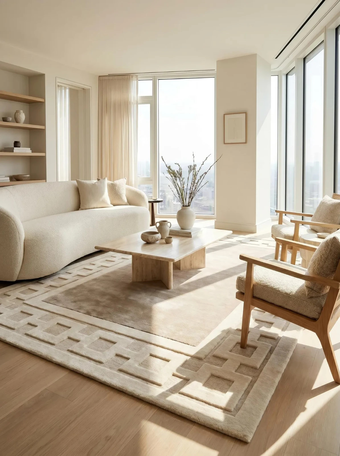 Luxury Greek Key Tufted Rug, Handmade Neutral Area Rug, Modern Beige Living Room