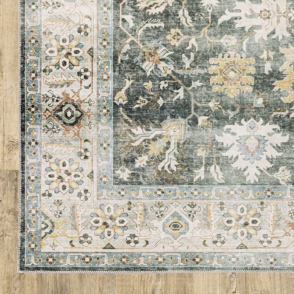 5′ X 7′ Grey Charcoal Gold Brown Ivory Pale Sage And Light Blue Oriental Printed
