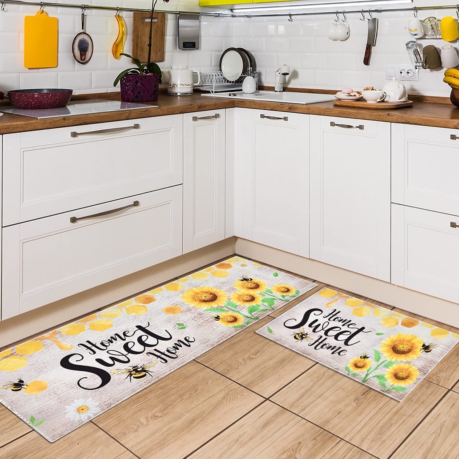 Sunflower Kitchen Decor Rugs Mats for Floor Non Slip Washable,2pc