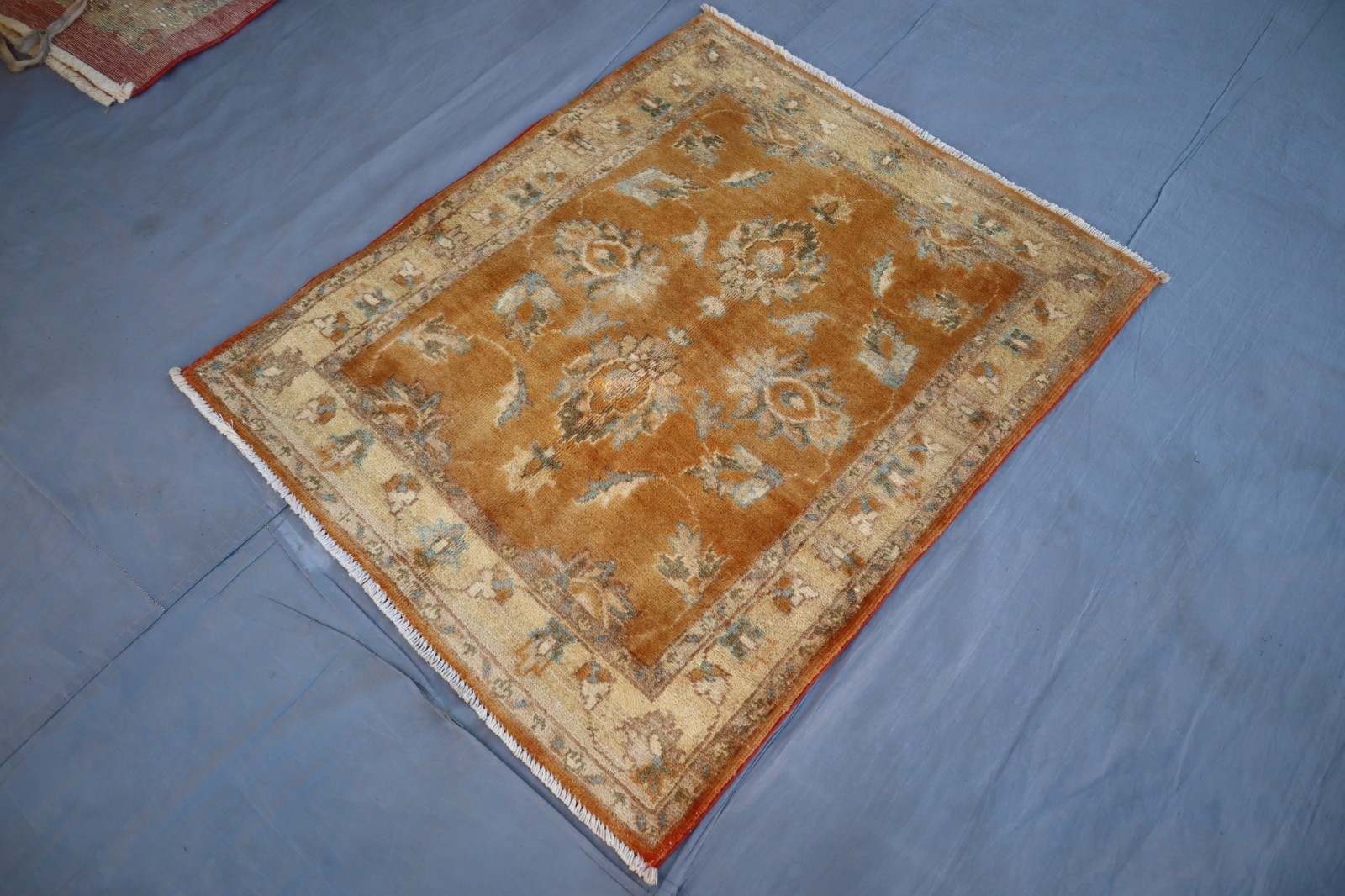 Mini Hand-knotted Oushak Rug, 3×4 Turkmen Wool Entryway Carpet (92×112 cm)
