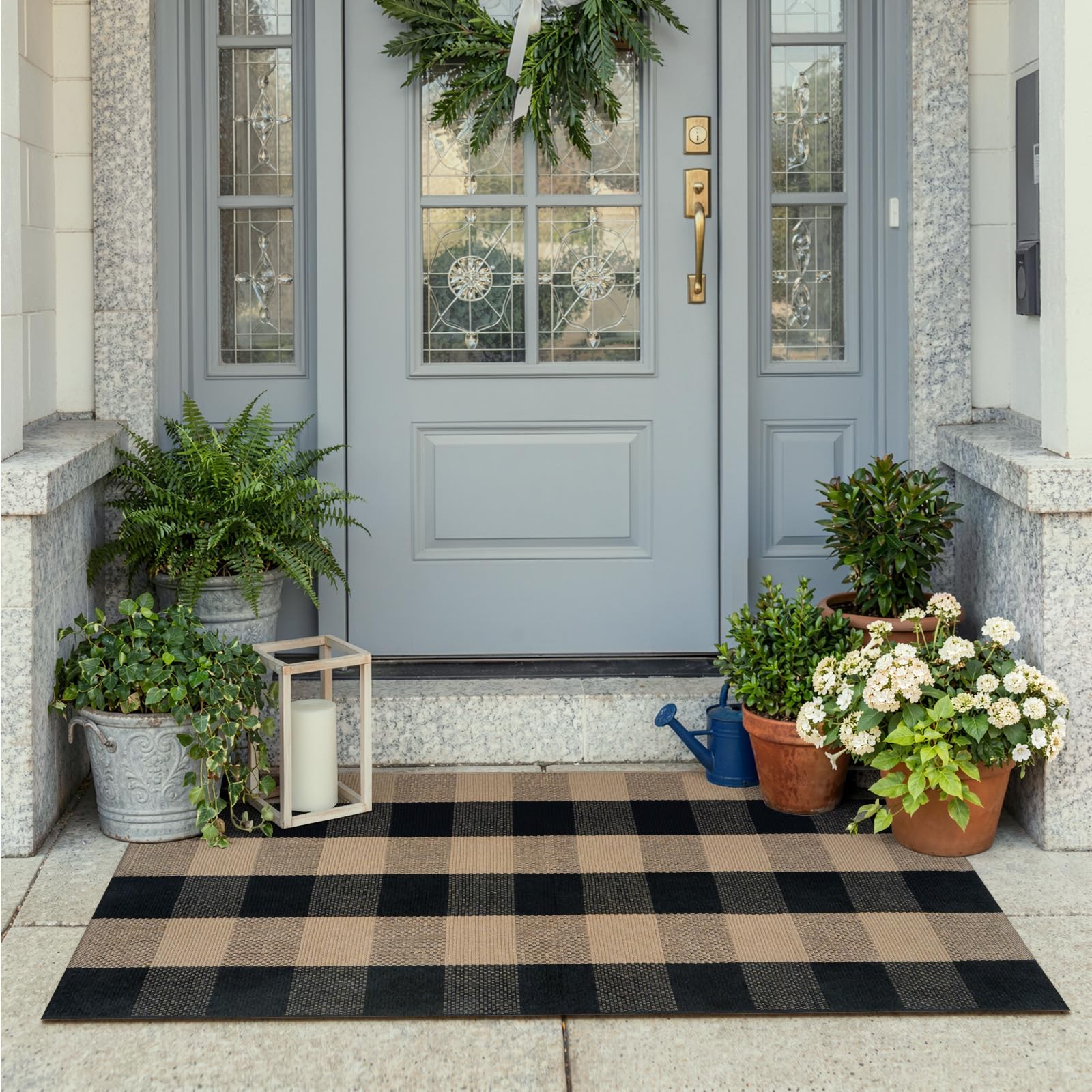 LEEVAN Buffalo Plaid Outdoor Door Mat, Washable Checkered Layering Rug